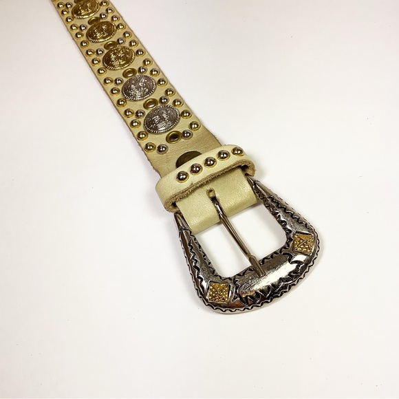 Vintage Sand Castle Leather Gold/Silver Tone Coin Motif Studded Belt - Picture 4 of 8